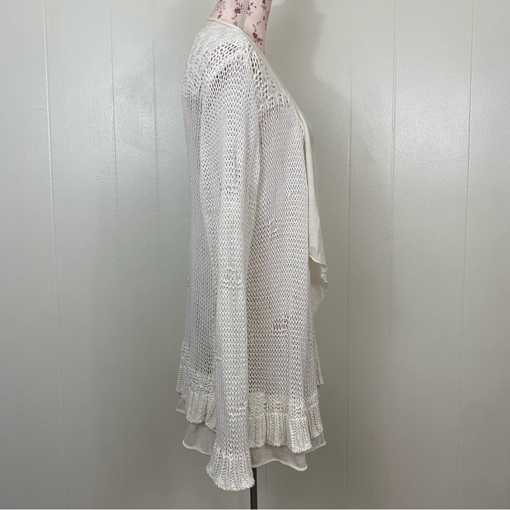 Chico’s sz:3 Off-White Knit Cardigan Ruffle Sleeve Distressed Style - Picture 4 of 14